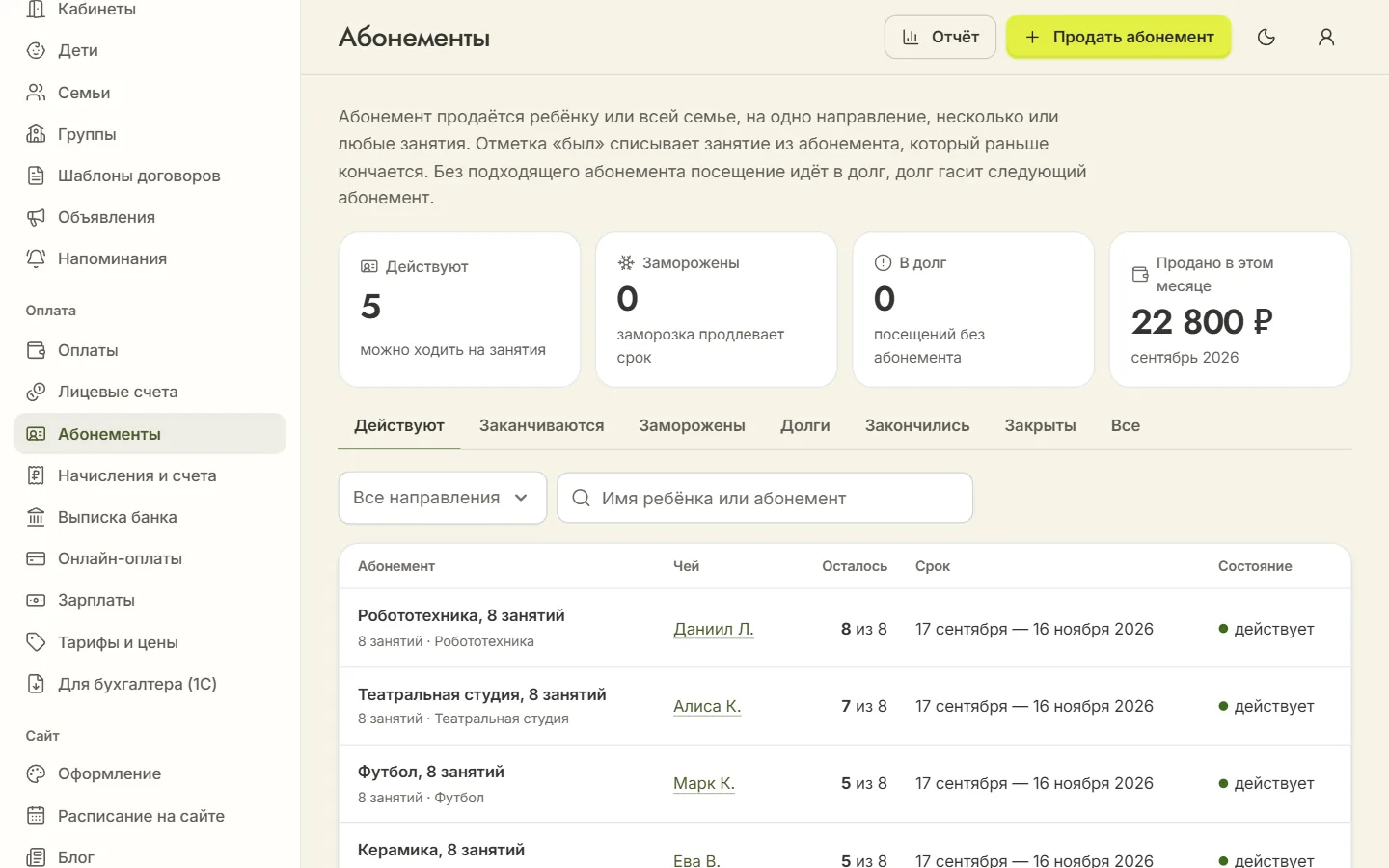 Раздел «Абонементы»: действующие абонементы детей с остатком занятий, сроком и состоянием