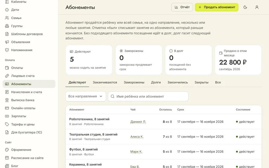 Раздел «Абонементы»: действующие абонементы детей с остатком занятий, сроком и состоянием