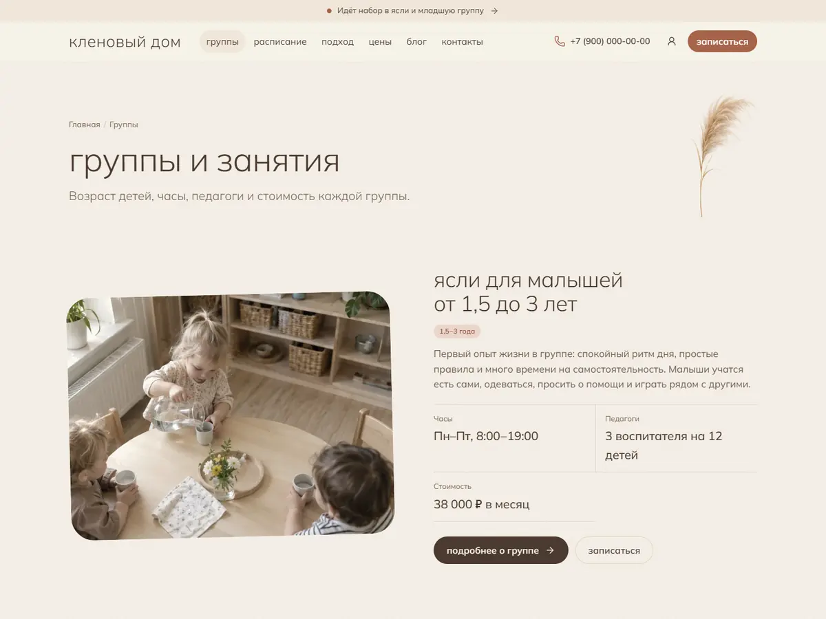 Страница «Группы и занятия» в теме «Латте»: пампасная трава в шапке и ясли с фото